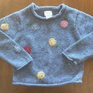 TALBOTS KIDS EUC BLUE SWEATER FLORAL EMBROIDERED TOP SHIRT PINK WINTER FALL SZ 4
